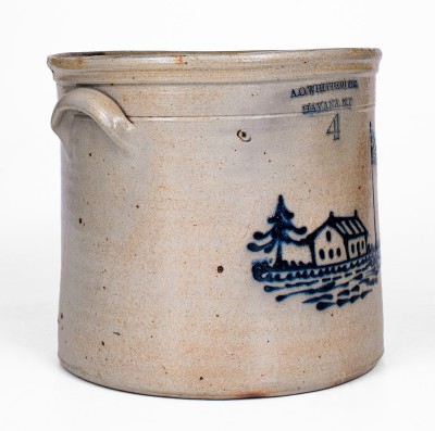 Very Fine A. O. WHITTEMORE / HAVANA, NY Stoneware Crock with House and American Flag Decoration