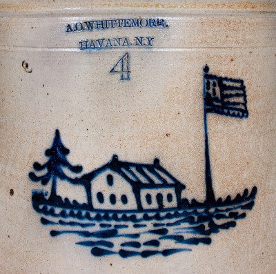 Very Fine A. O. WHITTEMORE / HAVANA, NY Stoneware Crock with House and American Flag Decoration