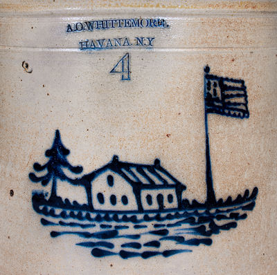 Rare A. O. WHITTEMORE / HAVANA, NY Stoneware Crock w/ House and American Flag Decoration