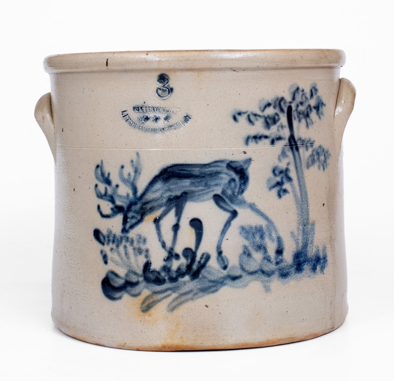 Very Fine POTTERY WORKS / LITTLE W 12TH ST N.Y., W. A. MacQuoid Stoneware Crock with Deer Decoration