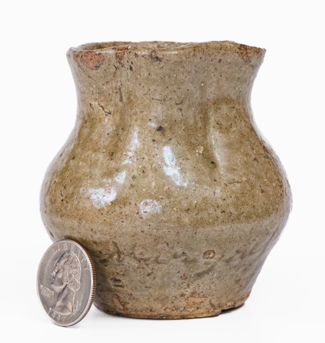 Miniature Alkaline-Glazed Stoneware Pitcher, Inscribed 