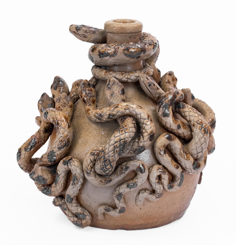 Anna Pottery Stoneware Snake Jug with Elaborate Applied Snakes and Brushed Albany Slip Decoration.