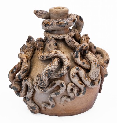 Anna Pottery Stoneware Snake Jug with Elaborate Applied Snakes and Brushed Albany Slip Decoration.