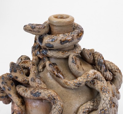 Anna Pottery Stoneware Snake Jug with Elaborate Applied Snakes and Brushed Albany Slip Decoration.