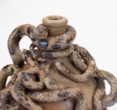 Anna Pottery Stoneware Snake Jug with Elaborate Applied Snakes and Brushed Albany Slip Decoration.