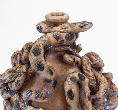 Anna Pottery Stoneware Snake Jug with Elaborate Applied Snakes and Brushed Albany Slip Decoration.