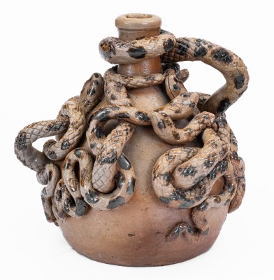 Anna Pottery Stoneware Snake Jug with Elaborate Applied Snakes and Brushed Albany Slip Decoration.