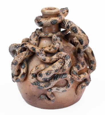 Anna Pottery Stoneware Snake Jug with Elaborate Applied Snakes and Brushed Albany Slip Decoration.