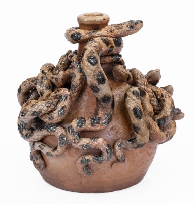 Anna Pottery Stoneware Snake Jug with Elaborate Applied Snakes and Brushed Albany Slip Decoration.