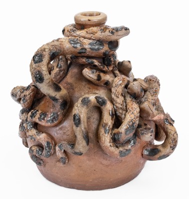 Anna Pottery Stoneware Snake Jug with Elaborate Applied Snakes and Brushed Albany Slip Decoration.
