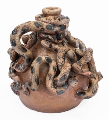 Anna Pottery Stoneware Snake Jug with Elaborate Applied Snakes and Brushed Albany Slip Decoration.