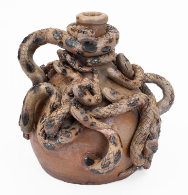 Anna Pottery Stoneware Snake Jug with Elaborate Applied Snakes and Brushed Albany Slip Decoration.