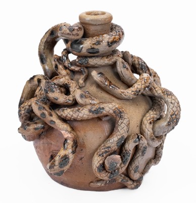 Anna Pottery Stoneware Snake Jug with Elaborate Applied Snakes and Brushed Albany Slip Decoration.