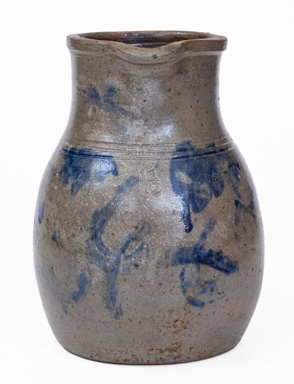 Extremely Rare One-and-a-Half-Gallon Cobalt-Decorated Stoneware Pitcher, attributed to Moro Phillips and Sanford Perry, Trees Point Pottery, Charles City County, VA, circa 1849-1853.