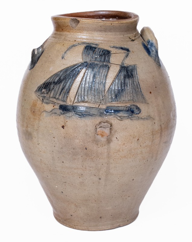 Stoneware Jar w/ Exceptional Incised Ship, probably Middlesex County, NJ