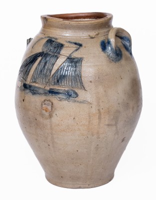 Stoneware Jar w/ Exceptional Incised Ship, probably Middlesex County, NJ