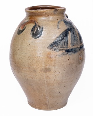 Stoneware Jar w/ Exceptional Incised Ship, probably Middlesex County, NJ