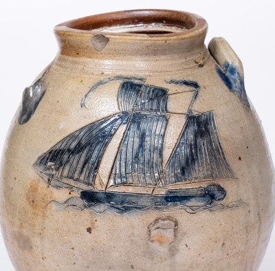 Stoneware Jar w/ Exceptional Incised Ship, probably Middlesex County, NJ