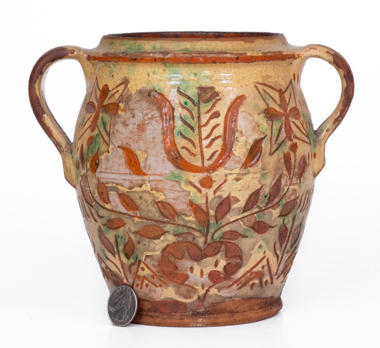 Very Fine Redware Jar with Elaborate Sgraffito Decoration, Montgomery County, PA, late 18th century