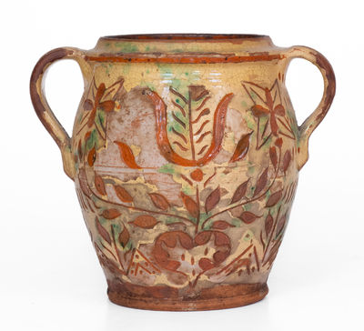 Outstanding Open-Handled Southeastern PA Redware Jar w/ Profuse Sgraffito Decoration, late 18th / early 19th century