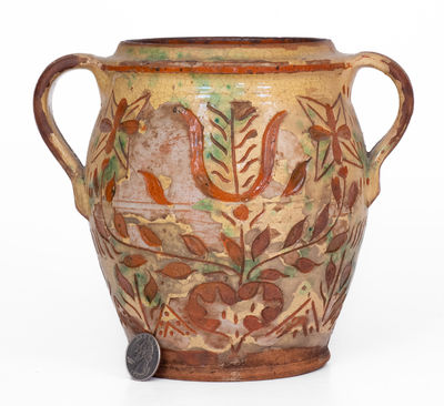 Outstanding Open-Handled Southeastern PA Redware Jar w/ Profuse Sgraffito Decoration, late 18th / early 19th century