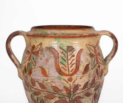Outstanding Open-Handled Southeastern PA Redware Jar w/ Profuse Sgraffito Decoration, late 18th / early 19th century