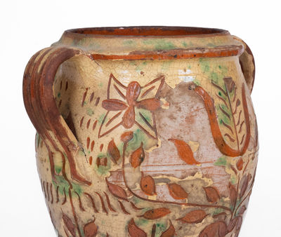 Outstanding Open-Handled Southeastern PA Redware Jar w/ Profuse Sgraffito Decoration, late 18th / early 19th century