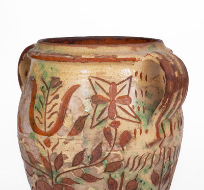 Outstanding Open-Handled Southeastern PA Redware Jar w/ Profuse Sgraffito Decoration, late 18th / early 19th century