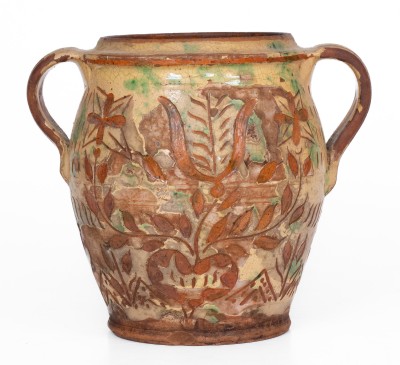 Very Fine Redware Jar with Elaborate Sgraffito Decoration, Montgomery County, PA, late 18th century