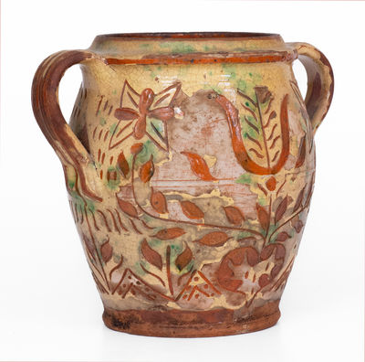 Outstanding Open-Handled Southeastern PA Redware Jar w/ Profuse Sgraffito Decoration, late 18th / early 19th century