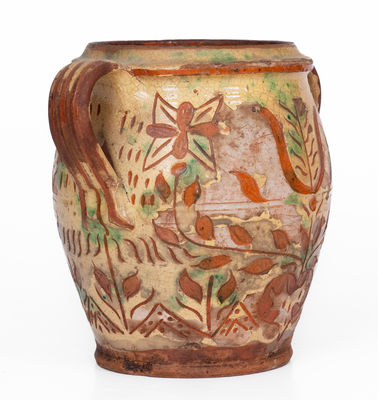 Outstanding Open-Handled Southeastern PA Redware Jar w/ Profuse Sgraffito Decoration, late 18th / early 19th century