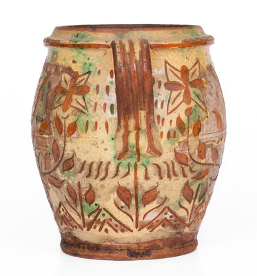 Outstanding Open-Handled Southeastern PA Redware Jar w/ Profuse Sgraffito Decoration, late 18th / early 19th century