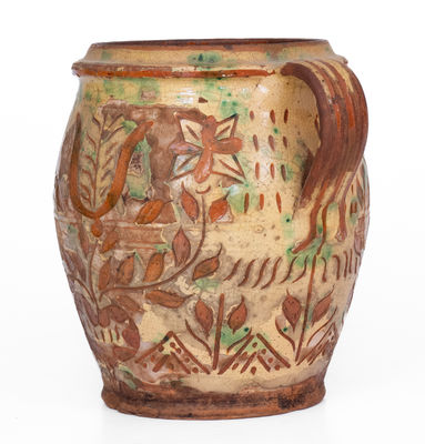 Outstanding Open-Handled Southeastern PA Redware Jar w/ Profuse Sgraffito Decoration, late 18th / early 19th century