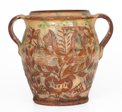 Outstanding Open-Handled Southeastern PA Redware Jar w/ Profuse Sgraffito Decoration, late 18th / early 19th century