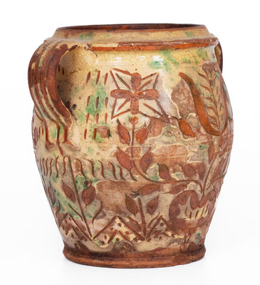 Outstanding Open-Handled Southeastern PA Redware Jar w/ Profuse Sgraffito Decoration, late 18th / early 19th century