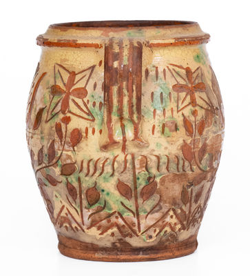 Outstanding Open-Handled Southeastern PA Redware Jar w/ Profuse Sgraffito Decoration, late 18th / early 19th century