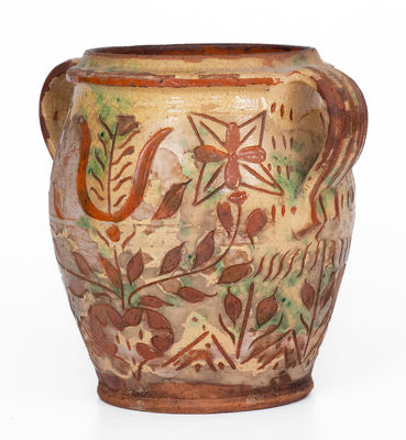 Outstanding Open-Handled Southeastern PA Redware Jar w/ Profuse Sgraffito Decoration, late 18th / early 19th century