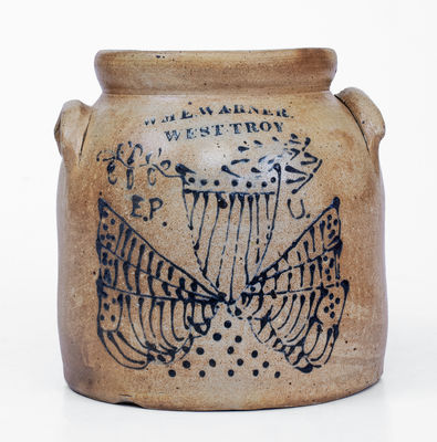 Rare WM E WARNER / WEST TROY Patriotic Stoneware Shield Crock