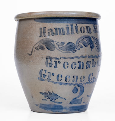 Fine Hamilton & Jones / Greensboro / Greene Co. Pa Stoneware Jar, c1870
