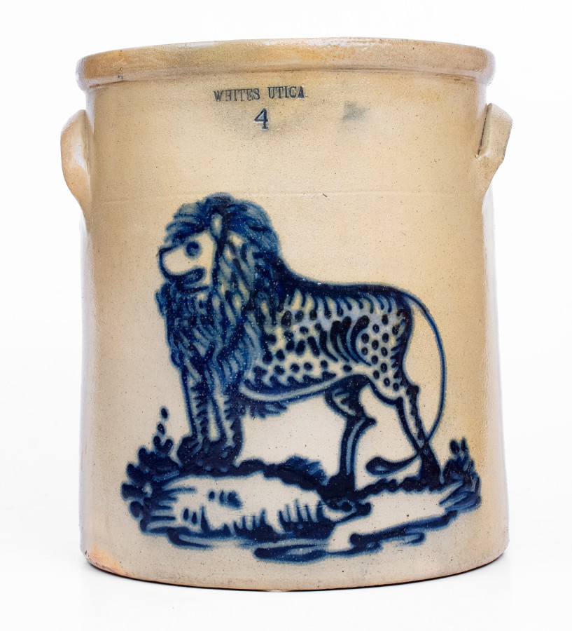 Exceptional WHITES UTICA 4 Gal. Stoneware Crock w/ Bold Lion Decoration