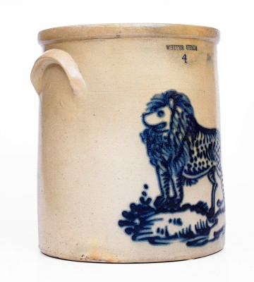 Exceptional WHITES UTICA 4 Gal. Stoneware Crock w/ Bold Lion Decoration