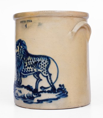 Exceptional WHITES UTICA 4 Gal. Stoneware Crock w/ Bold Lion Decoration