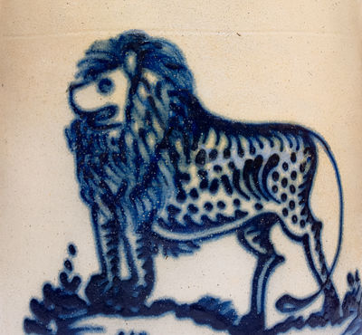 Exceptional WHITES UTICA 4 Gal. Stoneware Crock w/ Bold Standing Lion Decoration