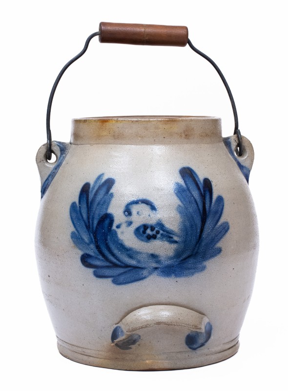 Rare COWDEN & WILCOX / HARRISBURG, PA Stoneware Batter Pail w/ Bird-in-Wreath