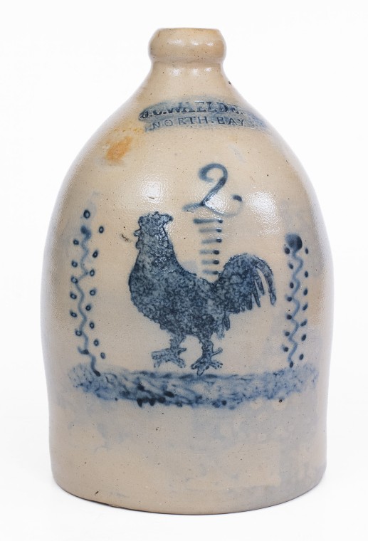 Rare J. C. WAELDE / NORTH BAY Stoneware Jug w/ Elaborate Rooster Decoration