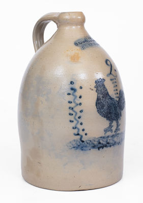 Rare J. C. WAELDE / NORTH BAY, NY Stoneware Jug w/ Rooster Decoration