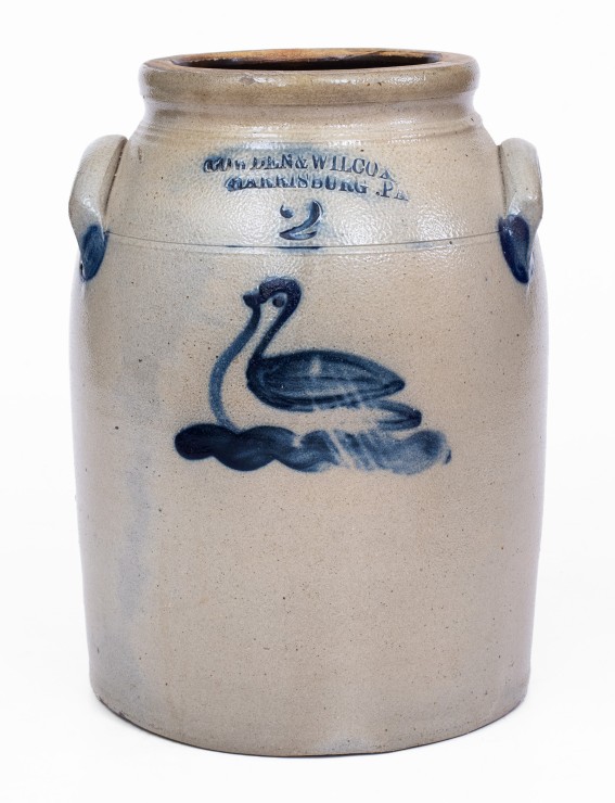 Very Fine COWDEN & WILCOX / HARRISBURG, PA Stoneware Jar with Swan Decoration