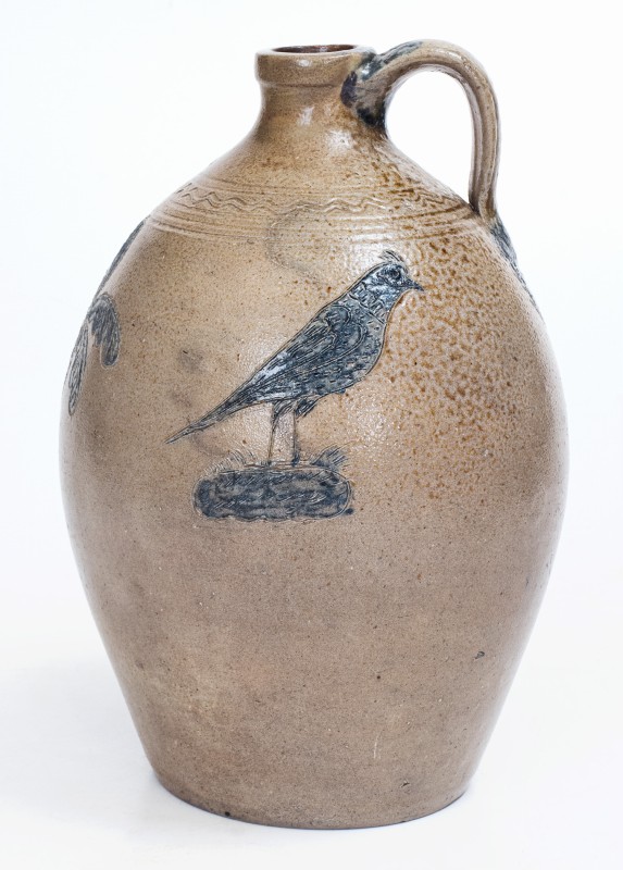 Extremely Rare and Important Chester Webster Stoneware Jug with Incised Cobalt Birds