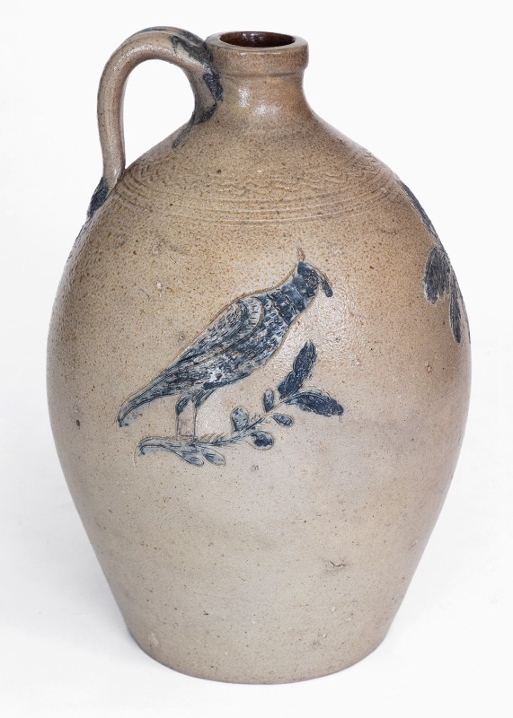 Extremely Rare and Important Chester Webster Stoneware Jug with Incised Cobalt Birds