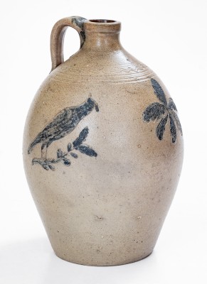 Extremely Rare and Important Chester Webster Stoneware Jug with Incised Cobalt Birds